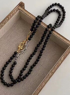 博主明星同款马蹄扣拼接黑玛瑙绿玉髓项链串珠锁骨链小众设计