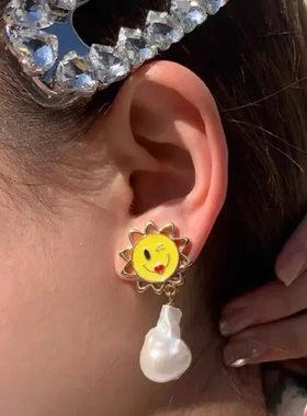 欧美个性小众纹理太阳花项链笑脸太阳天然珍珠耳饰轻奢高级设计感