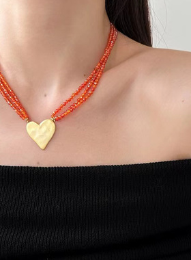 法式小众设计浪漫感橙红色水晶锆串珠爱心吊坠项链个性款颈链
