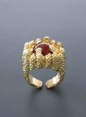 PS家西班牙红玛瑙戒指新款冬季复古轻奢小众纹理线条雕刻开口戒指