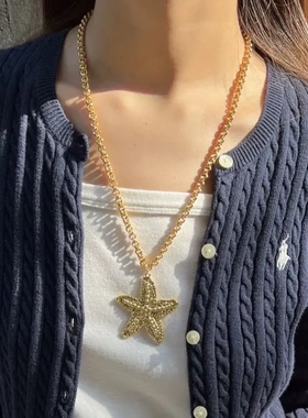 夏季新塞萨海星吊坠项链铜镀金重工复古小众设计高级肌理感锁骨链