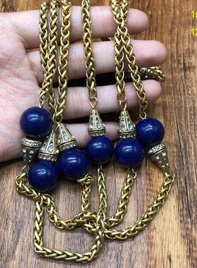 vintage复古时尚饰品青金石宝石镶嵌百搭毛衣链长款项链耳环套装