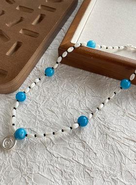 海洋蓝颈链串珠混珠链时髦项链玛瑙石个性多色系蓝色夏新锁骨松石