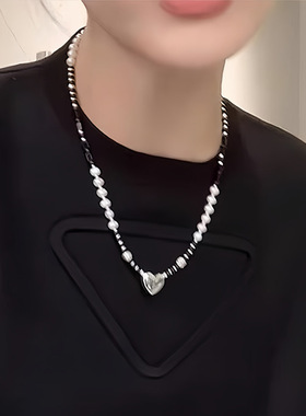 中古vintage复古淡水珍珠项链宫廷风黑玛瑙锁骨链时尚感项饰