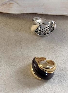 欧美时髦撞色滴釉金属戒指复古设计感开口食指戒小众独特个性指环