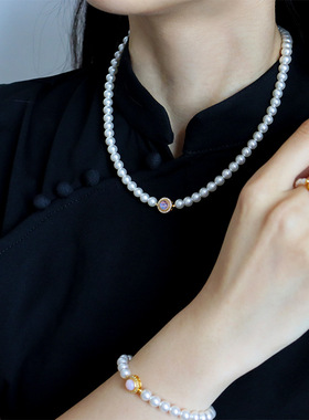 法式轻奢时尚施家珍珠粉玉髓项链女精致百搭气质锁骨链