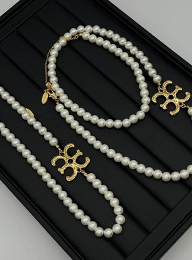 豆豆同款大logo珍珠项链轻奢高级感毛衣链百搭气质时尚锁骨链颈饰