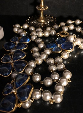 文艺复古风项链琉璃珍珠毛衣链蓝色四叶花镀真金饰品串珠百搭配饰