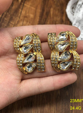 复古赫本风珍珠项链宝石耳钉套装中古风感满钻镀金颈链毛衣链