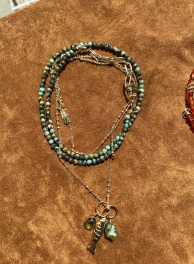 青岛美琳 年年有鱼套组项链夏日度假风红玛瑙绿松天然石串珠链