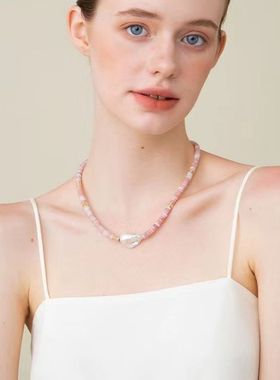 巴洛克浅粉色串珠锁骨链女法式时尚个性简约优雅淡水巴洛克项链