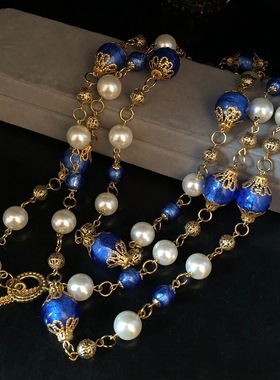 法式复古小清新蓝色琉璃珍珠长款毛衣链可缠绕项链气质百搭中古女