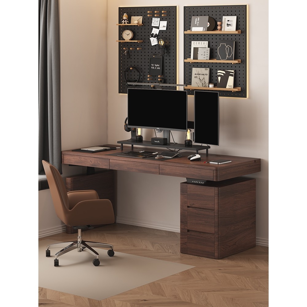 黑胡桃木无线充桌带柜现代简约书房家用实木升降桌电动电脑桌子,淘宝优惠券,粉丝福利购,淘宝优惠卷