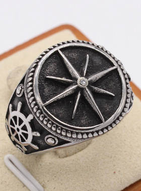 时尚钛钢男款戒指 欧美个性复古海军风船锚船舵钛钢戒指指环