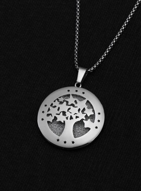 时尚风钛钢生命树圆牌项链