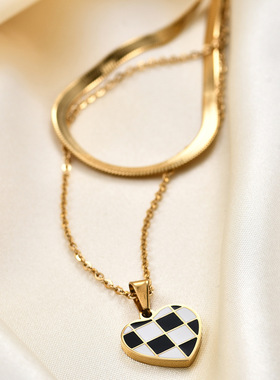 时尚钛钢项链 简约Love爱心棋盘格项链双层刀片链锁骨链钛钢项链