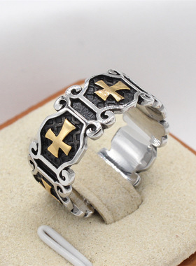 时尚钛钢男款戒指 整圈花型十字架戒指 复古十字架钛钢戒指指环