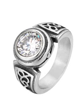 时尚钛钢男款戒指 个性复古圆形宝石钛钢戒指潮男指环