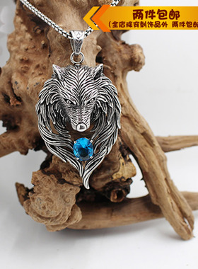 钛钢霸气风狼头镶钻项链吊坠