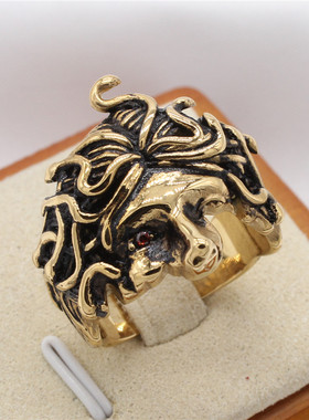 时尚钛钢男款戒指欧美个性复古古希腊神话美杜莎蛇头钛钢戒指指环