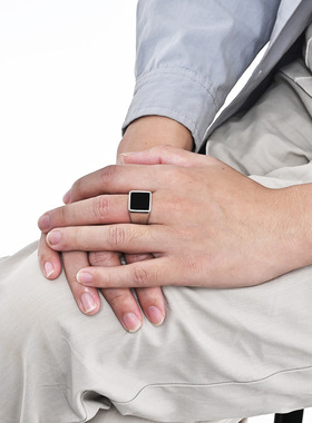 时尚钛钢戒指 INS风欧美简约几何体印章戒指 方形钛钢戒指指环