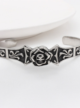 时尚钛钢手镯 欧美个性复古骷髅头火焰纹开口手镯 男女钛钢手镯