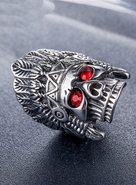 时尚钛钢男款戒指 骷髅指环 红眼印第安酋长头像钛钢戒指潮男指环