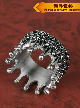 时尚钛钢戒指 皇冠戒指 简约王冠KING QUEEN银黑色男款戒指指环