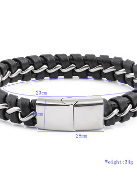 钛钢黑色真皮编织混搭风手镯