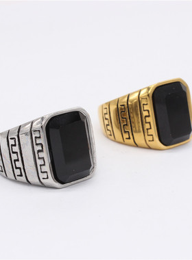 时尚钛钢男式戒指 欧美个性复古长城纹男士宝石钛钢男款戒指指环