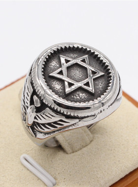 时尚钛钢男款戒指 欧美个性复古六芒星老鹰钛钢男式戒指指环