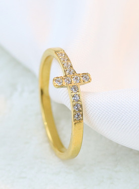 时尚钛钢戒指 欧美ins简约个性7MM镶钻十字架钛钢戒指指环