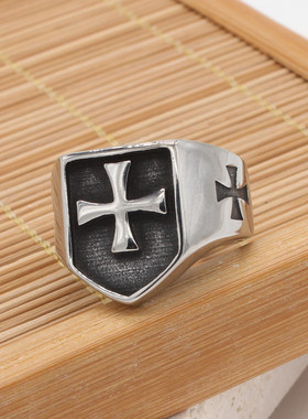 时尚钛钢男款戒指 复古摇滚十字架盾牌霸气男士钛钢戒指潮男指环