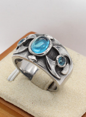 时尚钛钢戒指  欧美个性复古宝石戒指 蓝色圆形宝石钛钢戒指指环