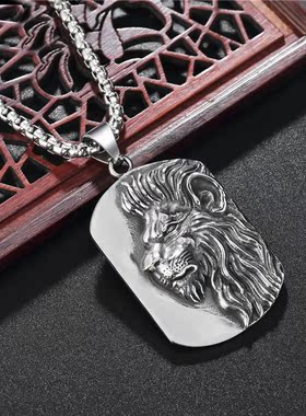 时尚钛钢项链  欧美个性复古狮子王辛巴长方牌吊坠男士钛钢项链