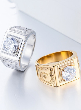 时尚钛钢男款戒指简约时尚男士婚礼钻戒镶钻图文方形钛钢戒指指环