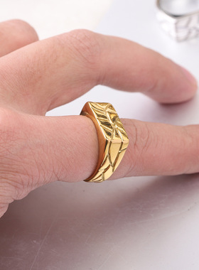 时尚钛钢戒指欧美10MM简约亮面菱格纹理创意方形条纹钛钢戒指指环