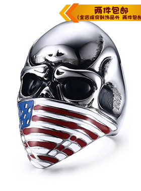 时尚风滴胶旗口罩鬼头钛钢戒指