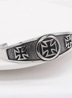 时尚钛钢手镯 欧美朋克潮流复古十字架开口手镯 男款钛钢手镯