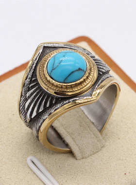 时尚钛钢男款戒指 欧美个性文艺复古蓝松石高桥羽毛钛钢戒指指环