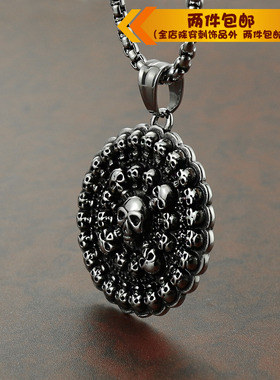 时尚风钛钢骷髅鬼头圆形项链吊坠