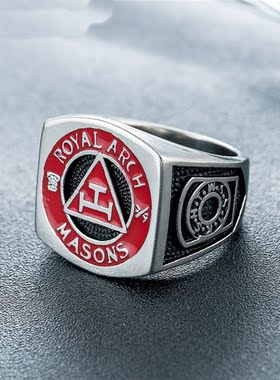 复古红色共济会男士钛钢戒指
