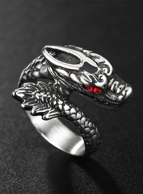 时尚钛钢男款戒指 个性复古国风龙形红眼睛镶嵌钛钢戒指指环