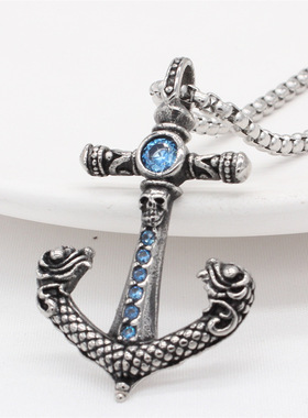 时尚钛钢项链 欧美个性复古镶钻船锚吊坠 男女通用款钛钢项链