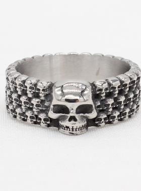 时尚钛钢男款戒指 欧美个性复古骷髅头钛钢戒指满圈小骷髅指环