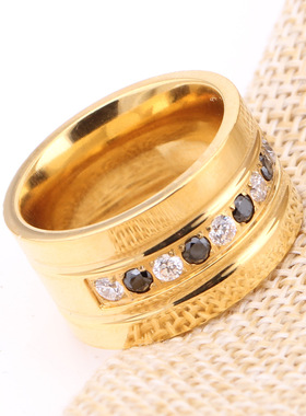 时尚钛钢戒指 欧美ins简约12MM双色黑白镶钻钛钢戒指指环