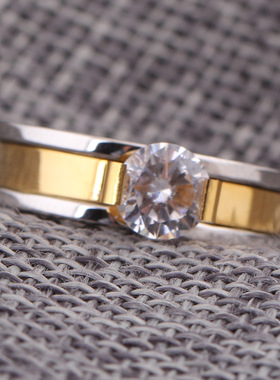 时尚钛钢戒指 欧美ins个性8MM镶锆情侣对戒间金戒指 钛钢戒指指环