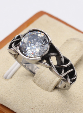 时尚钛钢男款戒指欧美个性复古维京凯尔特宝石圆形钻钢戒指指环