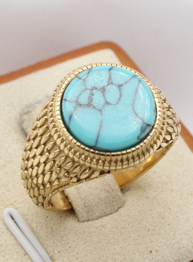 时尚钛钢男款戒指 时尚简约复古圆形宝石钛钢戒指指环