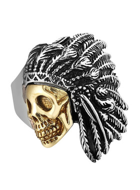 朋克风印第安骷髅头男士钛钢戒指